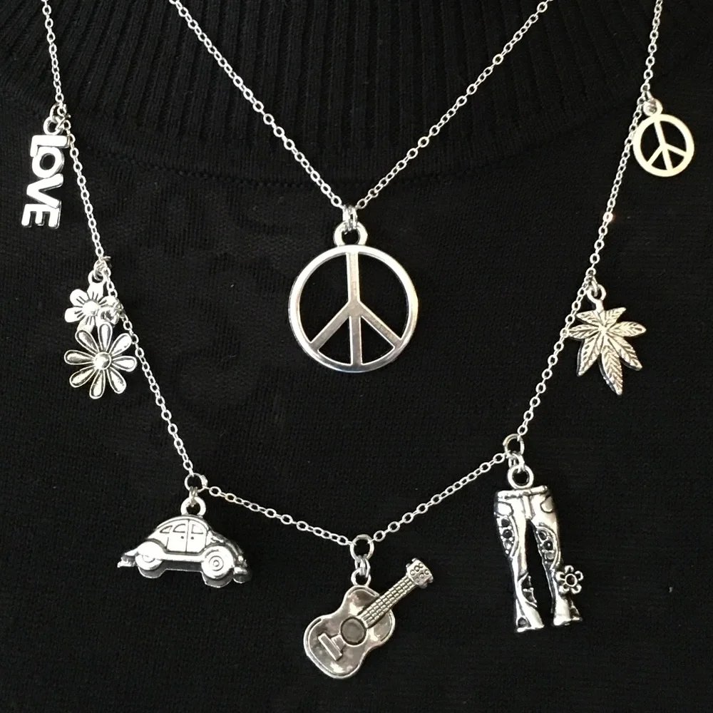 “Groovy Hippie" Handmade 2-Layer Necklace, Flower Power Peace Love Music VW Bug - Picture 8 of 15